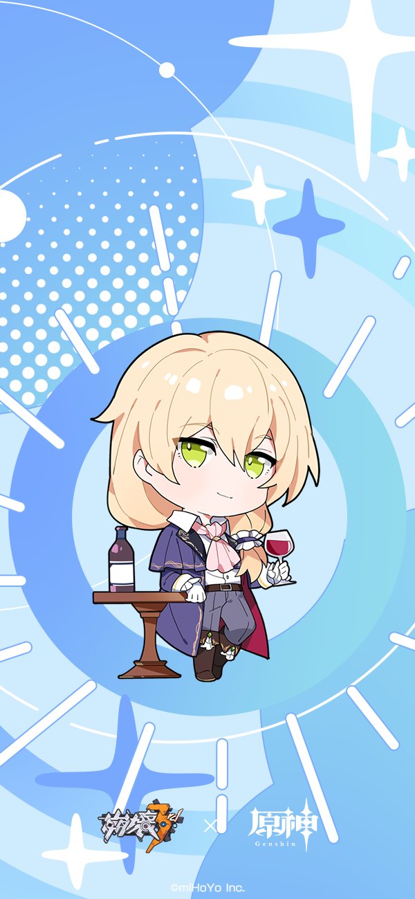 1boy ascot blonde_hair chibi crossover cup drinking_glass full_body genshin_impact green_eyes highres holding holding_cup honkai_(series) honkai_impact_3rd long_hair looking_at_viewer low_ponytail male_focus mihoyo_technology_(shanghai)_co._ltd. official_art official_wallpaper otto_apocalypse pink_ascot standing