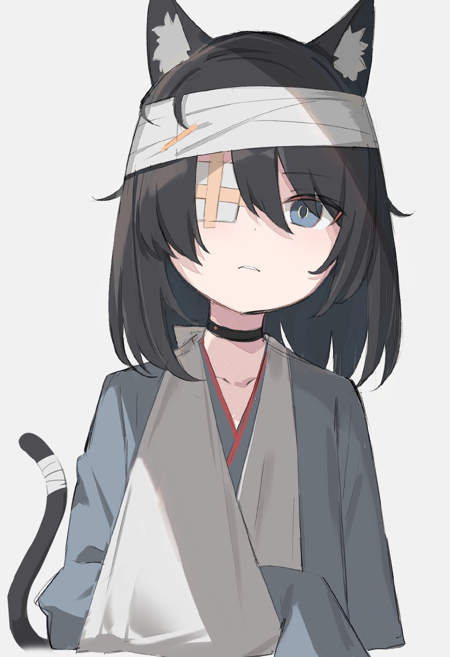 1girl animal_ears arm_sling bandage_over_one_eye bandaged_head bandaged_tail bandages black_hair cat_ears cat_girl cat_tail frown highres hospital_gown original satou_(3366_s) short_hair sketch sleeves_past_fingers sleeves_past_wrists tail