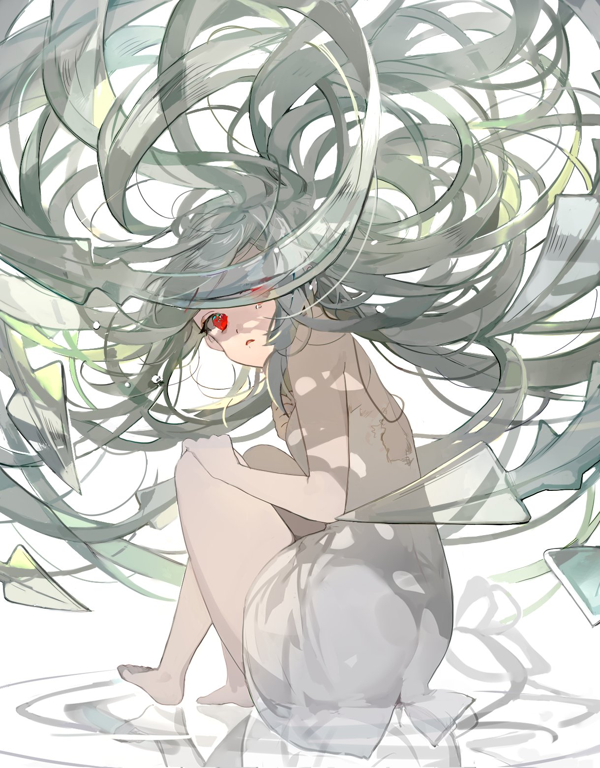 1girl bare_arms bare_legs bare_shoulders barefoot crying dress floating_hair from_behind full_body green_hair grey_hair hair_over_one_eye hand_on_own_chest hand_on_own_knee highres karohroka knees_up long_hair looking_at_viewer looking_back original parted_lips ripples simple_background sitting sleeveless sleeveless_dress solo sundress tears tentacles torn_clothes torn_dress very_long_hair white_background white_dress