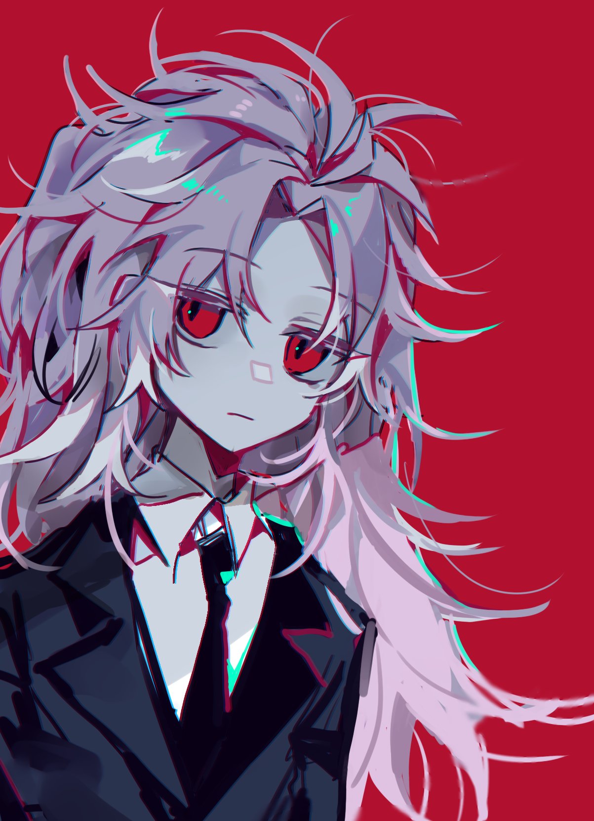 1boy :| black_jacket black_necktie chromatic_aberration closed_mouth collared_shirt expressionless eyebrows_visible_through_hair formal hatsutori_hajime highres jacket jitome korean_commentary long_hair messy_hair necktie pink_hair red_background red_eyes saibou_shinkyoku shirt solo suit suit_jacket vender white_shirt