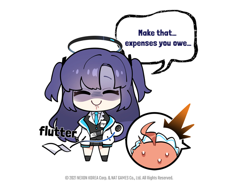 1girl ahoge artist_name bangs black_legwear black_skirt blue_archive blush chibi closed_eyes closed_mouth donmin_h english_text full_body jacket long_hair long_sleeves neru_(blue_archive) official_art purple_hair shaded_face shirt skirt smile socks solo standing sweatdrop two_side_up watermark white_background yuuka_(blue_archive)