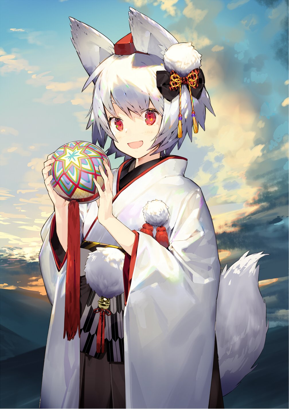 1girl akeome animal_ears ball bangs black_bow blue_sky bow chinese_zodiac clouds cloudy_sky hair_bow happy_new_year hat highres holding holding_ball inubashiri_momiji japanese_clothes kimono kitada_mo long_sleeves looking_at_viewer new_year open_mouth outdoors pom_pom_(clothes) red_eyes short_hair sky smile solo tail temari_ball tokin_hat touhou white_hair white_kimono wide_sleeves wolf_ears wolf_tail year_of_the_dog