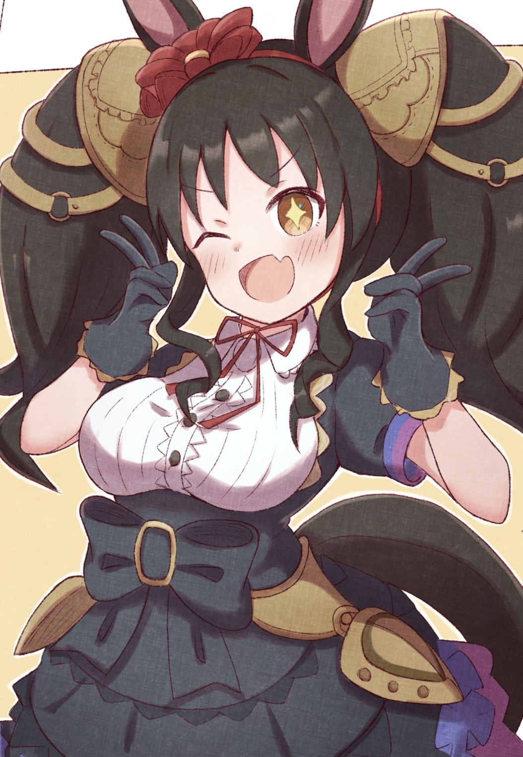 +_+ 1girl ;d animal_ears bad_hands bangs black_bow black_dress black_gloves black_hair blush bow breasts brown_background collared_shirt commentary_request double_v dress eyebrows_visible_through_hair flower gloves hair_flower hair_ornament hairband hands_up highres horse_ears horse_girl horse_tail layered_dress long_hair marvelous_sunday_(umamusume) medium_breasts neck_ribbon one_eye_closed puffy_short_sleeves puffy_sleeves red_flower red_hairband red_ribbon ribbon shirt short_sleeves smile solo sunanuko_(ramuneko) tail twintails two-tone_background umamusume v very_long_hair white_background white_shirt