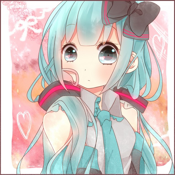 1girl alternate_hairstyle aqua_eyes aqua_hair bad_id bad_pixiv_id bow detached_sleeves grey_shirt hair_bow hatsune_miku heart heart_background looking_at_viewer low_twintails necktie shiki_hinako shirt sleeveless sleeveless_shirt solo twintails upper_body vocaloid