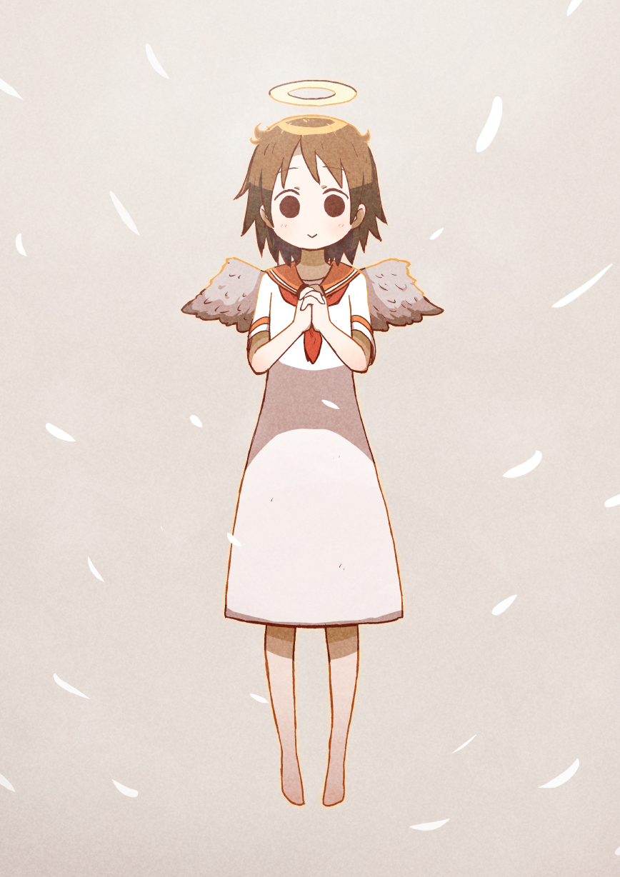 1girl :&gt; angel_wings barefoot black_eyes brown_hair closed_mouth commentary_request dress falling_feathers full_body haibane_renmei halo highres interlocked_fingers light_blush long_dress looking_at_viewer messy_hair necktie orange_sailor_collar own_hands_together partial_commentary rakka_(haibane) red_necktie sailor_collar short_hair smile solid_circle_eyes solo takurada white_dress wings