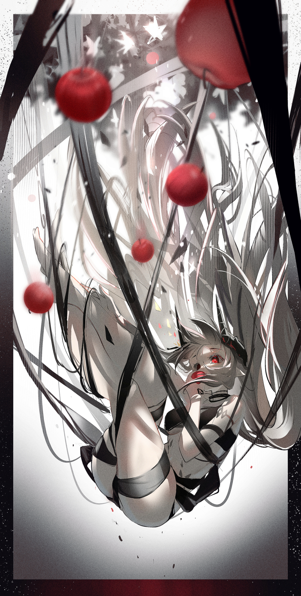 1girl apple arknights arm_up armlet bare_shoulders barefoot bikini black_bikini breasts eating falling food fruit full_body grey_hair highres holding holding_food holding_fruit horns legs_up long_hair medium_breasts mudrock_(arknights) official_alternate_costume pointy_ears red_eyes solo swimsuit thigh_strap under_boob very_long_hair youyouyou_1211