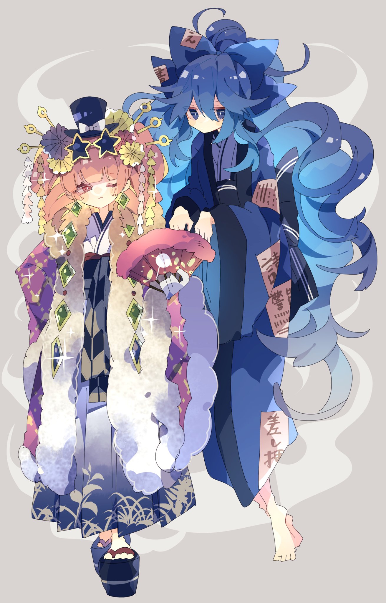 2girls ;3 bangs barefoot black_headwear blue_bow blue_eyes blue_hair blue_hakama blue_kimono blunt_bangs bow commentary debt drill_hair eyewear_on_head floral_print full_body furisode ghost_pose gloves hair_between_eyes hair_bow hair_ornament hair_stick hairpin hakama hakama_skirt hand_fan hat hat_bow highres holding holding_fan japanese_clothes jewelry kimono long_hair long_sleeves medium_hair multiple_girls nikorashi-ka okobo one_eye_closed orange_eyes orange_hair purple_kimono shawl sidelocks skirt sparkle star-shaped_eyewear sunglasses top_hat touhou twin_drills very_long_hair waist_bow wavy_hair white_bow white_gloves wide_sleeves yorigami_jo'on yorigami_shion