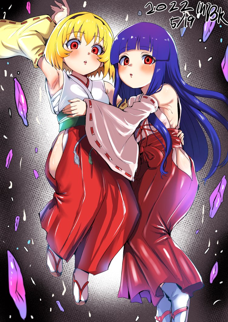 2girls armpits black_hairband blonde_hair blue_hair breasts furude_rika hairband hakama hakama_pants higurashi_no_naku_koro_ni hip_vent houjou_satoko japanese_clothes long_hair miko multiple_girls onuma_kuma pants red_eyes red_hakama ribbon-trimmed_sleeves ribbon_trim sandals sarashi short_hair small_breasts socks white_legwear wide_sleeves