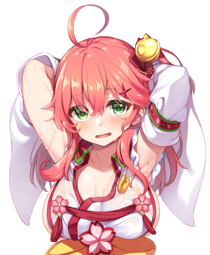 1girl ahoge armpits arms_behind_head arms_up bell breasts collarbone detached_sleeves dodome-iro_mayonnaise green_eyes hair_ornament hairclip hololive japanese_clothes jingle_bell large_breasts long_hair miko open_mouth presenting_armpit redhead sakura_miko sideboob solo upper_body virtual_youtuber wet wet_clothes