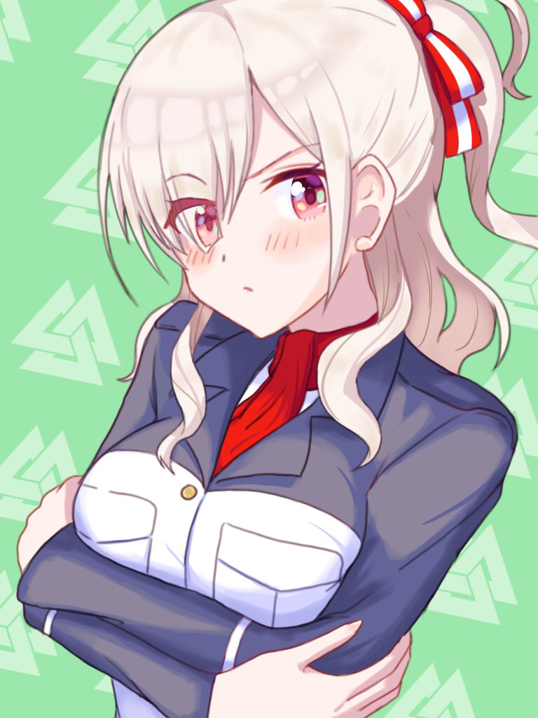 1girl blush breast_pocket breasts hair_over_one_eye hair_ribbon komagome_azuzu looking_at_viewer medium_breasts military military_uniform pink_eyes pocket red_scarf ribbon scarf senyoku_no_sigrdrifa solo uniform upper_body white_hair yokohamax