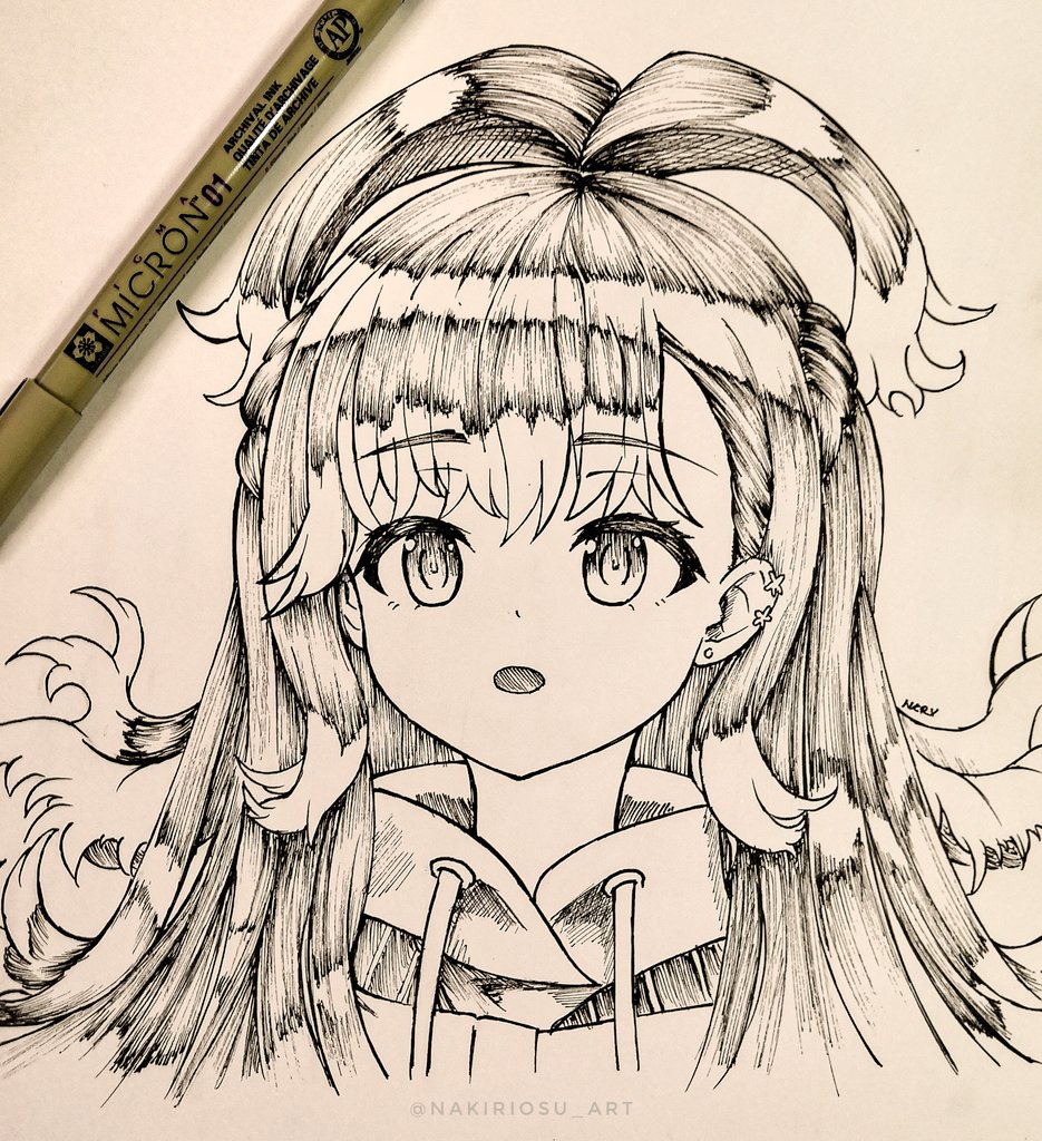 1girl :o bangs completion_time english_commentary eyebrows_visible_through_hair greyscale hair_behind_ear hololive hololive_indonesia ink_(medium) kobo_kanaeru long_hair looking_up monochrome nakiri_virus open_mouth pen portrait solo traditional_media virtual_youtuber