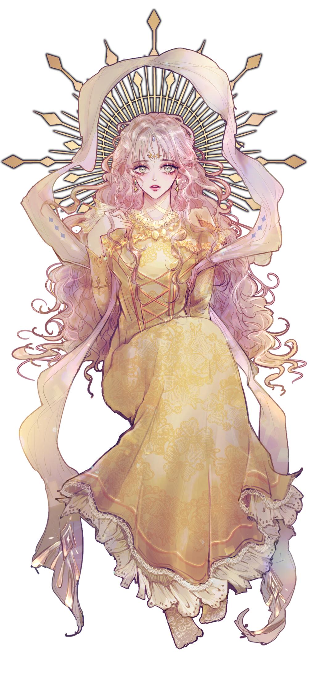 1girl benigore_(regressor's_instruction_manual) dkfl9158 dress full_body goddess hand_on_own_chest highres long_hair looking_at_viewer open_mouth regressor's_instruction_manual sitting socks solo teeth yellow_dress