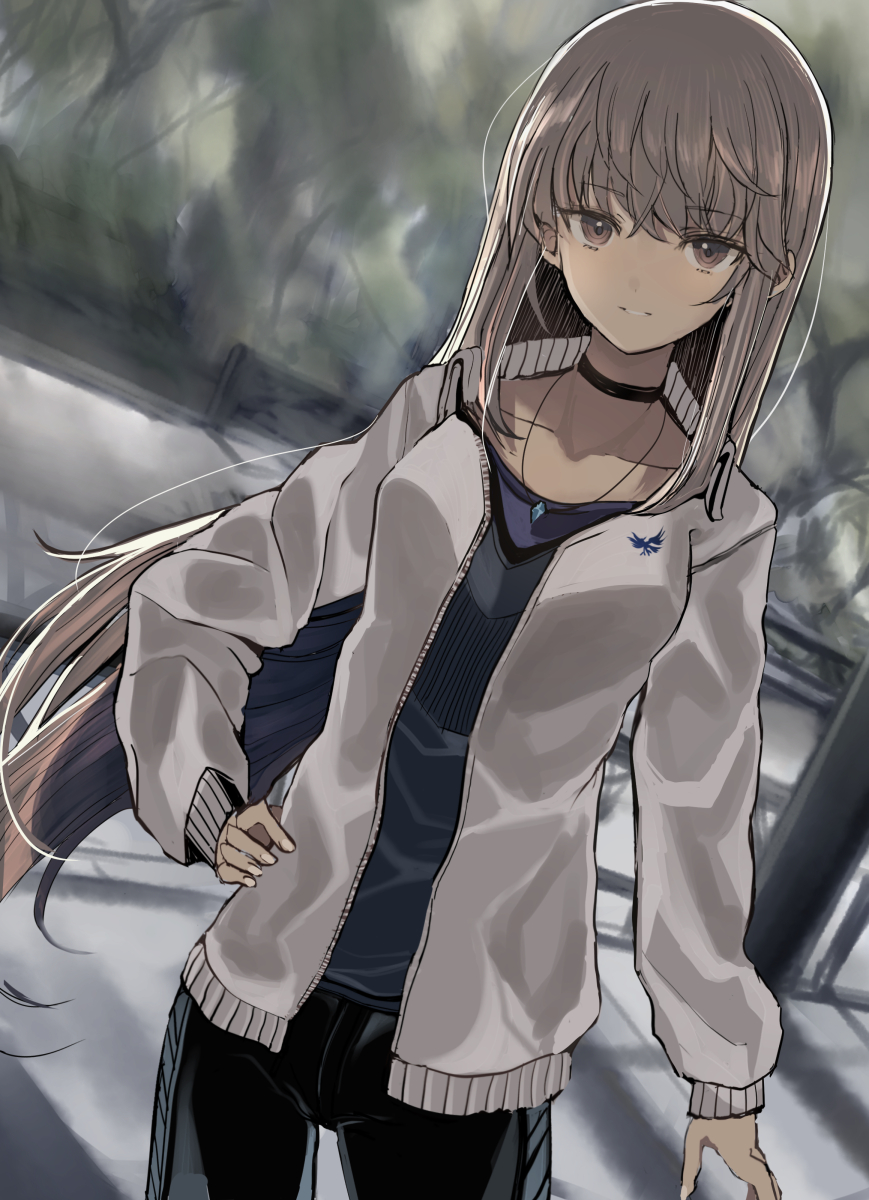 1girl bangs black_choker black_pants blue_shirt brown_eyes brown_hair choker collarbone commentary_request day eyebrows_visible_through_hair hair_between_eyes highres hinomaru_(futagun) jacket long_hair long_sleeves looking_at_viewer open_clothes open_jacket original outdoors pants parted_lips railing shirt sleeves_past_wrists smile solo standing very_long_hair white_jacket