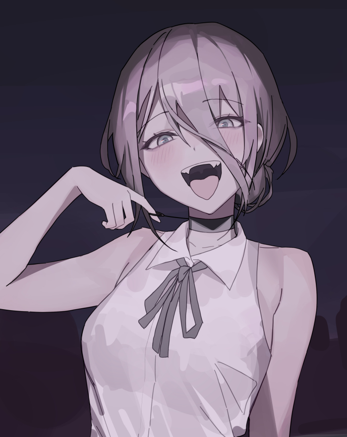 1girl :d arm_at_side bangs banned_artist bare_shoulders black_choker breasts brown_hair chainsaw_man choker collarbone commentary dark fangs grey_eyes grey_ribbon hair_between_eyes hand_up hinaki_(hinaki_0102) long_bangs looking_at_viewer medium_breasts neck_ribbon open_mouth reze_(chainsaw_man) ribbon shirt short_hair sleeveless sleeveless_shirt smile solo tongue uvula white_shirt