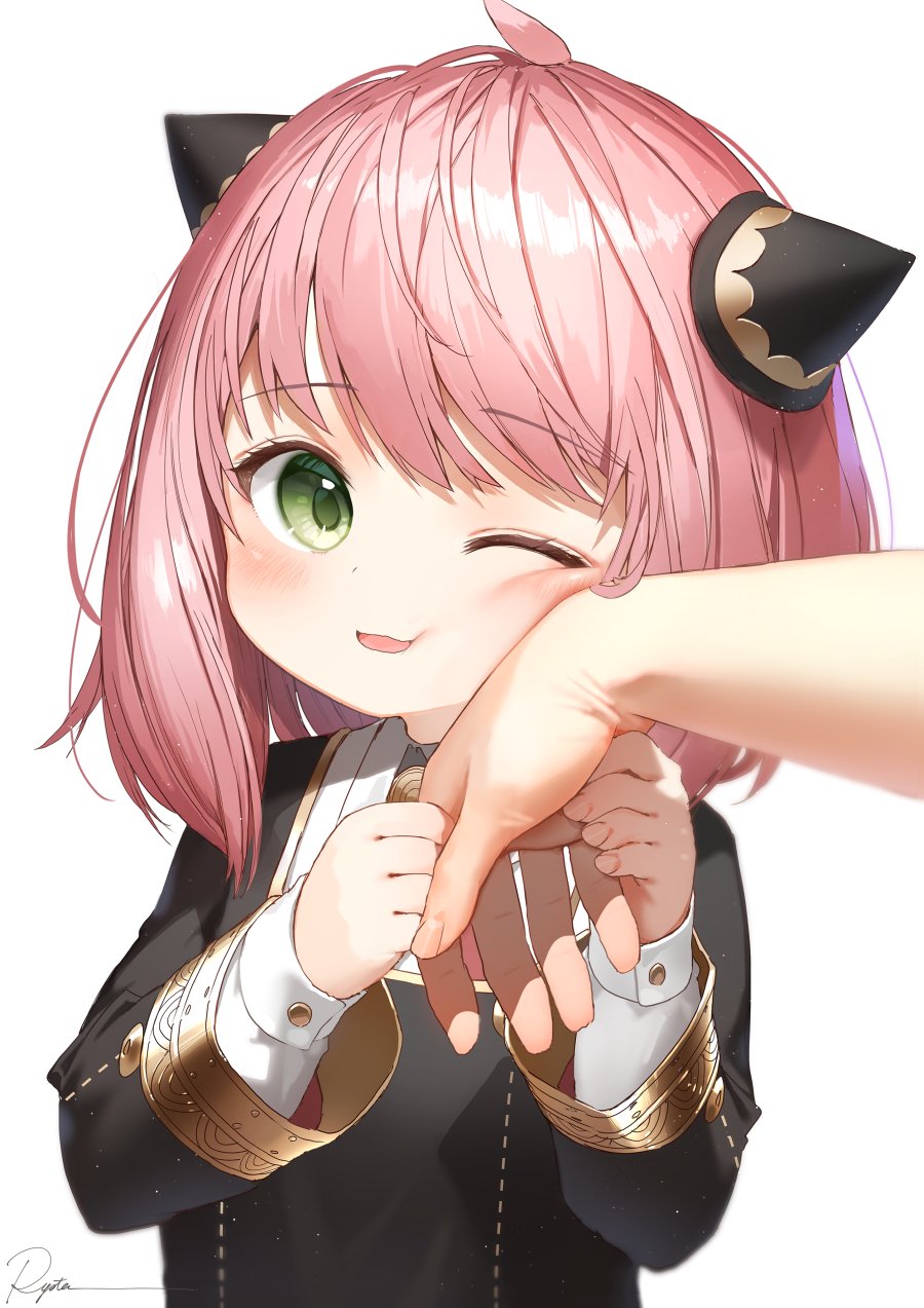 1girl anya_(spy_x_family) bangs blush child eden_academy_uniform eyebrows_visible_through_hair gold_trim green_eyes highres long_sleeves looking_at_viewer medium_hair one_eye_closed open_mouth pink_hair ryota_(ry_o_ta) signature simple_background smile solo spy_x_family upper_body white_background