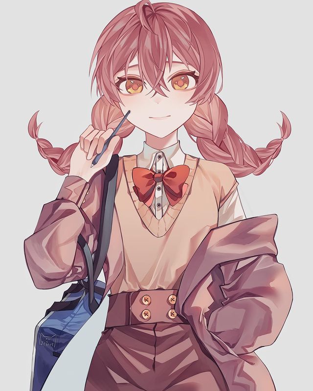 1girl 1z1art ahoge bag bangs bow bowtie braid brown_coat brown_hair brown_skirt brown_sweater buttons chinese_commentary closed_mouth coat collared_shirt commentary_request dress_shirt eyebrows_behind_hair grey_background hair_between_eyes hand_in_pocket hand_up high-waist_skirt holding holding_bag holding_pencil light_blush light_smile long_bangs long_hair low_twin_braids off_shoulder open_clothes open_coat original pencil pencil_skirt red_bow red_bowtie shirt shirt_tucked_in shoulder_bag simple_background skirt solo standing straight-on sweater sweater_vest twin_braids twintails white_shirt