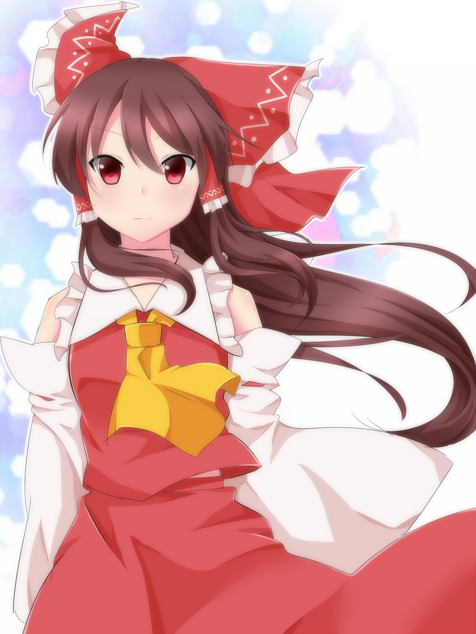 1girl ascot bow breasts brown_hair closed_mouth collared_vest commentary_request detached_sleeves floating_hair frilled_bow frills hair_bow hair_tubes hakurei_reimu highres long_hair long_sleeves looking_at_viewer midriff_peek red_bow red_eyes red_skirt red_vest ribbon-trimmed_skirt ribbon_trim sidelocks skirt small_breasts torizaki_kuyuri touhou vest white_sleeves wide_sleeves yellow_ascot