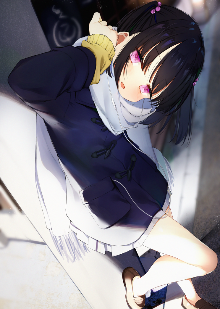 1girl :d arm_up bangs bare_legs black_hair blue_jacket blurry blurry_background blush brown_footwear clenched_hand commentary_request dutch_angle full_body hair_ornament half-closed_eyes head_tilt jacket kamizaki_hibana leaning_back leaning_on_object leg_up long_sleeves looking_at_viewer no_socks open_mouth original outdoors pink_eyes pleated_skirt scarf short_twintails skirt smile solo sunlight sweater twintails white_scarf yellow_sweater