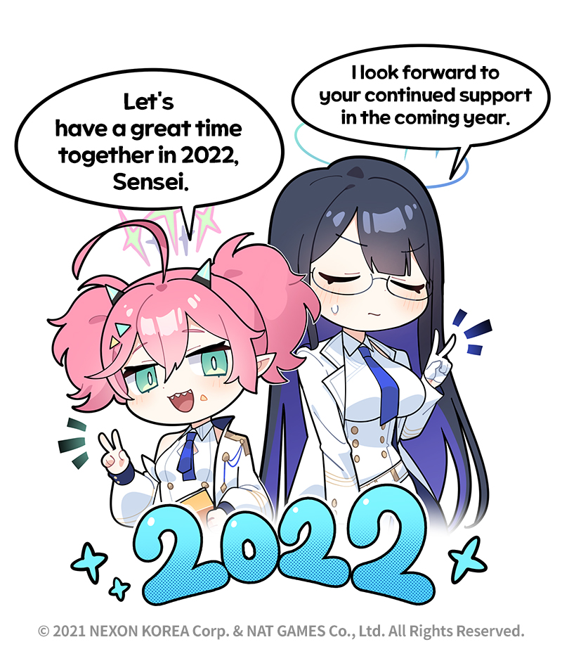 2girls :d ahoge bangs black_hair blue_archive blush breasts closed_eyes collared_shirt donmin_h double_v english_text eyebrows_visible_through_hair glasses green_eyes hair_between_eyes hair_ornament hand_up jacket labcoat long_hair long_sleeves momoka_(blue_archive) multicolored_hair multiple_girls necktie official_art open_mouth pink_hair pointy_ears rin_(blue_archive) shirt short_necktie smile speech_bubble sweat twintails two_side_up v very_long_hair watermark white_background white_jacket white_shirt