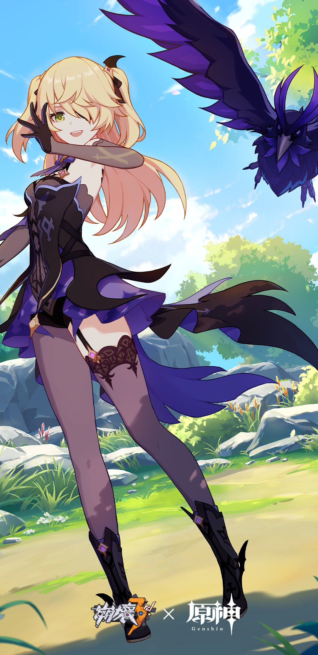 1girl asymmetrical_legwear bird black_gloves blonde_hair breasts crossover crow day detached_sleeves eyepatch fischl_(genshin_impact) full_body genshin_impact gloves green_eyes highres honkai_(series) honkai_impact_3rd official_art open_mouth outdoors oz_(genshin_impact) small_breasts smile two_side_up