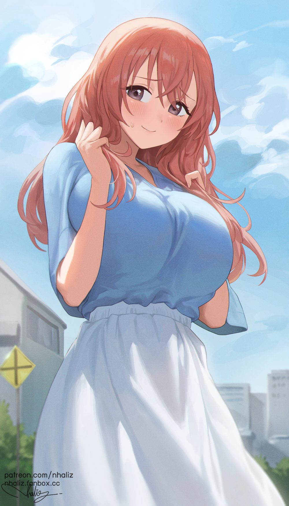 1girl artist_name bangs blue_shirt blush breast_squeeze breasts brown_eyes clouds cloudy_sky commentary cowboy_shot fanbox_username furrowed_brow hair_between_eyes hands_up high-waist_skirt highres huge_breasts inui_shinju long_hair looking_at_viewer nhaliz outdoors patreon_username pink_hair shirt signature skirt sky smile solo sono_bisque_doll_wa_koi_wo_suru standing sweatdrop web_address white_skirt