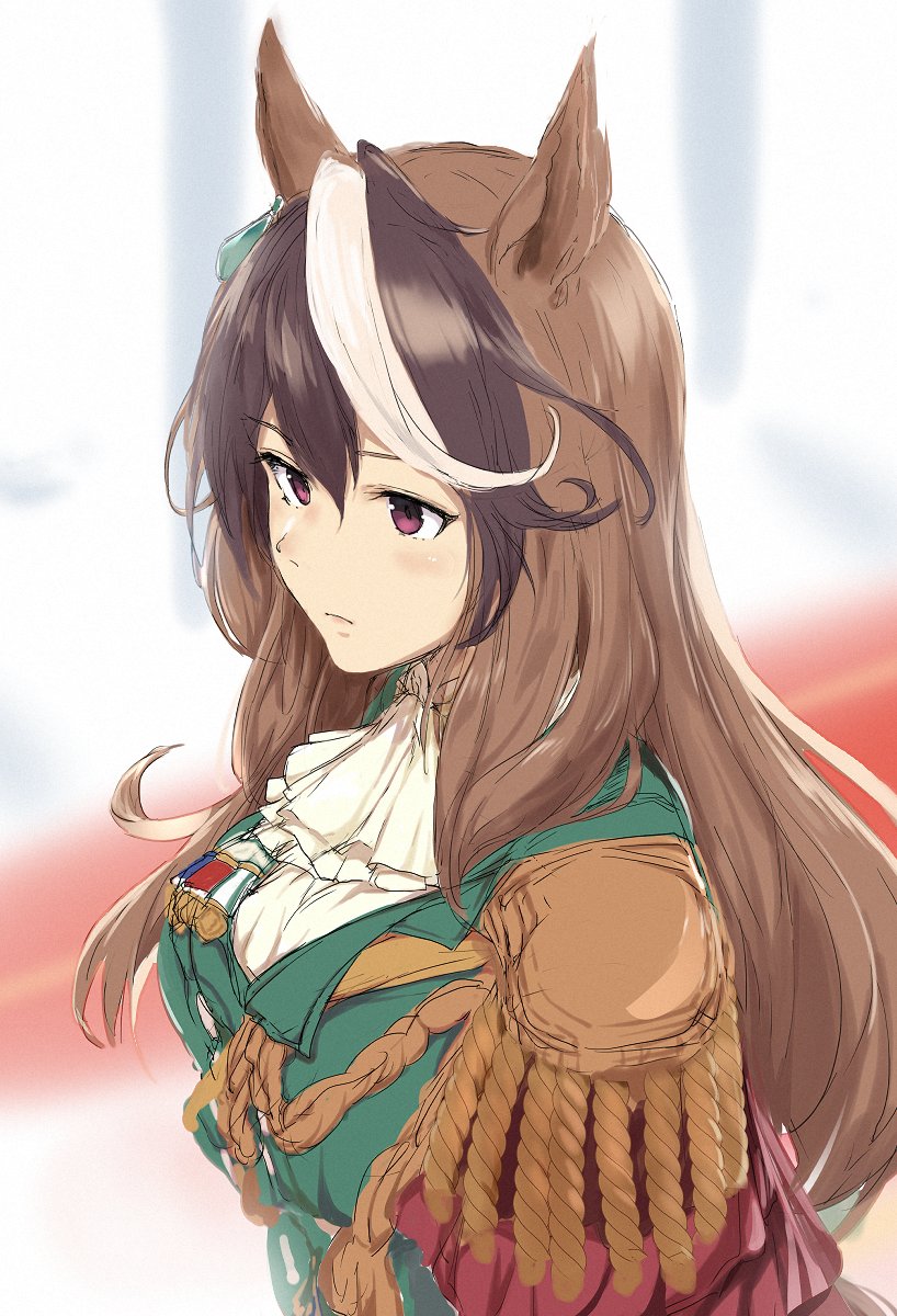 1girl animal_ears ascot bangs blurry blurry_background breasts brown_hair closed_mouth commentary_request earrings epaulettes green_jacket hair_between_eyes highres horse_ears horse_girl jacket jewelry long_hair medal multicolored_hair osterei single_earring single_epaulette sketch solo streaked_hair symboli_rudolf_(umamusume) umamusume upper_body violet_eyes white_ascot white_hair