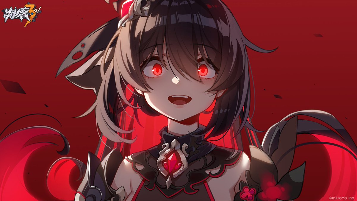 1girl ai_xiao_meng black_hair colored_inner_hair gem honkai_(series) honkai_impact_3rd lips long_hair looking_at_viewer multicolored_hair official_art open_mouth red_background red_eyes redhead seele_(alter_ego) seele_vollerei seele_vollerei_(stygian_nymph)