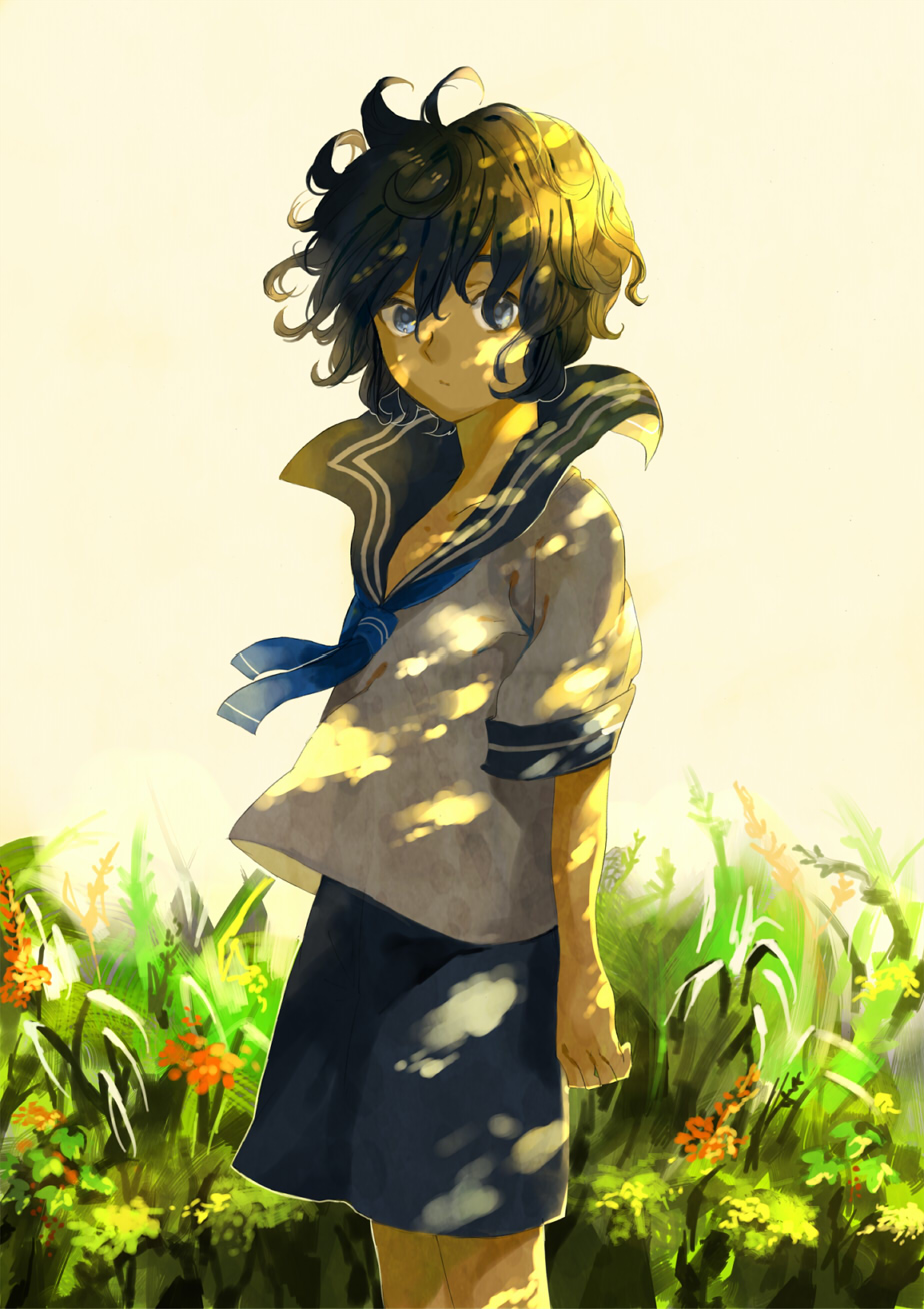 1girl bangs blue_eyes blue_skirt brown_hair closed_mouth curly_hair expressionless eyebrows_behind_hair flower grass highres kyouichi looking_at_viewer original school_uniform short_hair short_sleeves skirt solo sunset