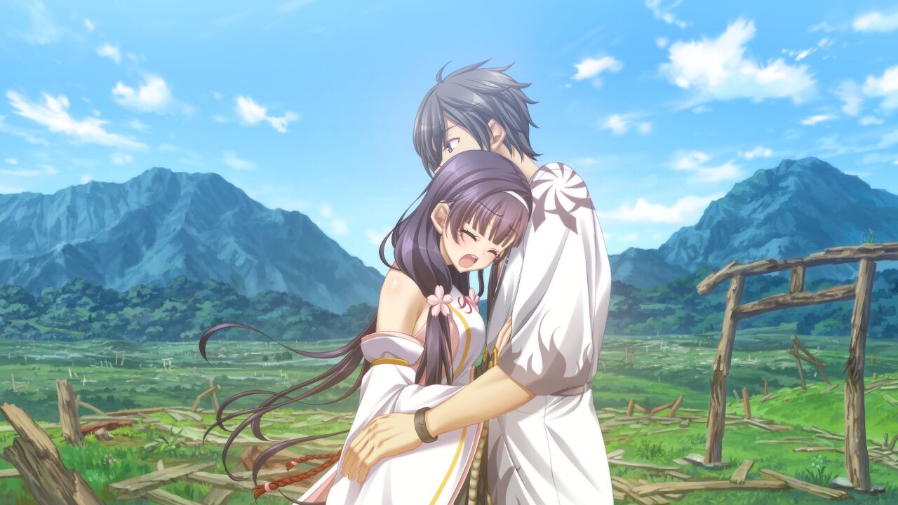 1boy 1girl asahina_hikage bangs black_hair blue_sky blunt_bangs brown_eyes brown_hair closed_eyes clouds crying day detached_sleeves eyebrows_visible_through_hair flower from_side game_cg hair_flower hair_ornament hairband haruhime_(kunado_kokuki) japanese_clothes kimono kunado_kokuki long_hair long_sleeves mountain open_mouth outdoors pink_flower shin_(kunado_kokuki) shiny shiny_hair short_hair sky standing tears torii very_long_hair white_hairband white_kimono white_sleeves wide_sleeves