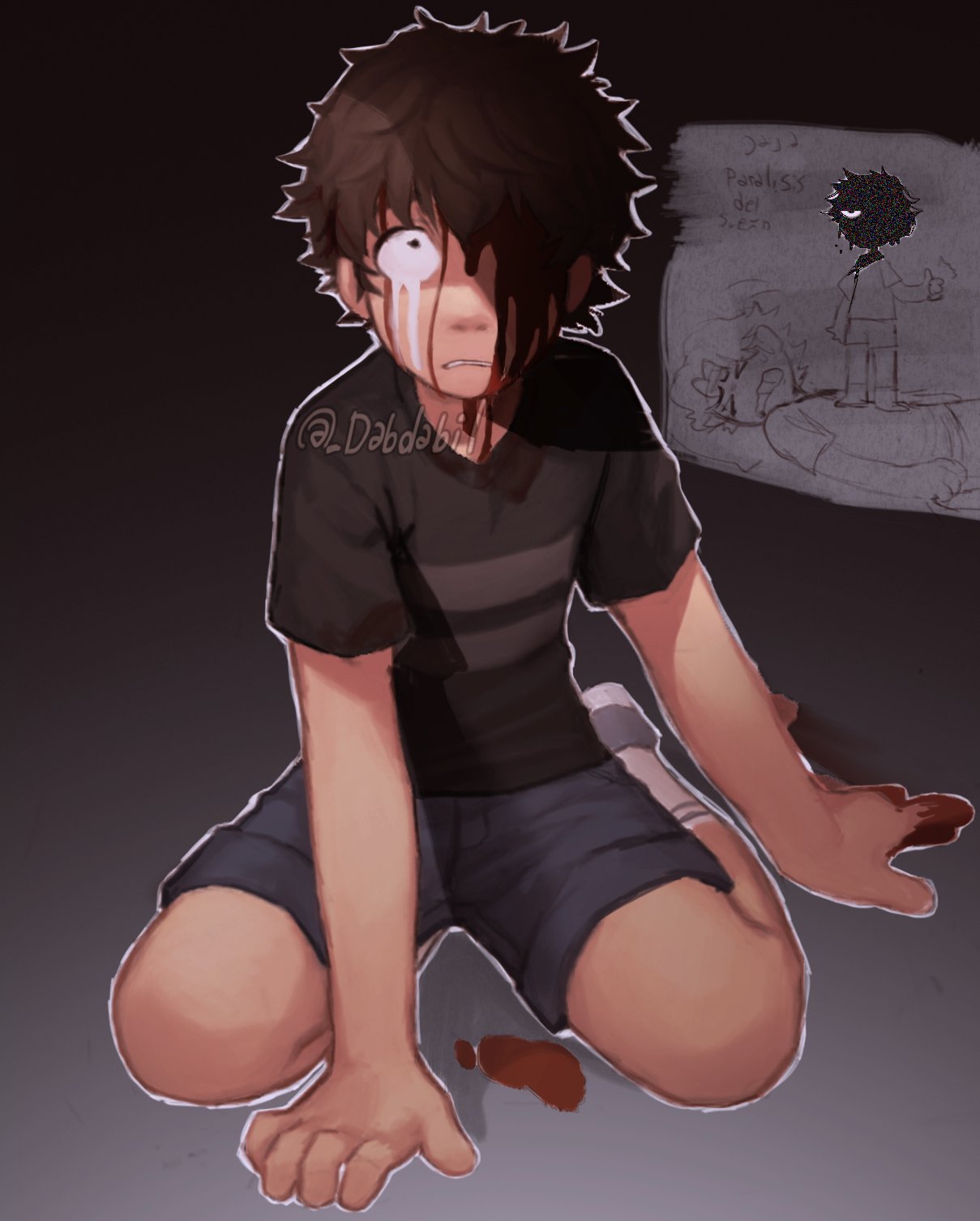 1boy bleeding blood blood_on_face brown_hair crying_child_(fnaf) dabi_bill deep_wound five_nights_at_freddy's five_nights_at_freddy's_4 highres injury kneeling shirt short_hair shorts solo striped striped_shirt tears