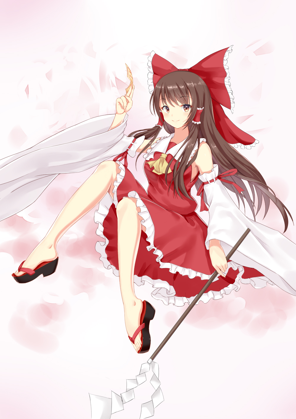 1girl ascot bangs bare_shoulders black_footwear bow breasts brown_hair closed_mouth collared_vest commentary_request detached_sleeves frilled_bow frilled_hair_tubes frilled_skirt frills full_body gohei hair_bow hair_tubes hakurei_reimu happy highres holding huanxiang_xiangde_xiaoyue long_hair long_sleeves looking_at_viewer medium_breasts nontraditional_miko ofuda red_bow red_ribbon red_skirt red_vest ribbon ribbon-trimmed_sleeves ribbon_trim sandals skirt smile solo toenails toes touhou very_long_hair vest white_sleeves wide_sleeves yellow_ascot