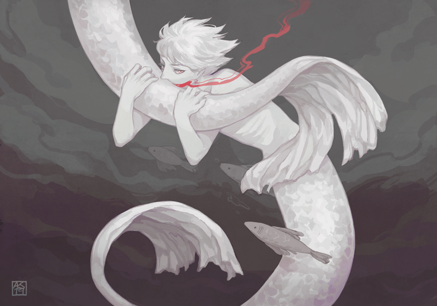 1boy 1other biting blood blood_in_water cannibalism colored_skin driftwoodwolf fish full_body grey_background holding_another's_tail looking_at_viewer male_focus merman monster_boy original pink_eyes red_eyes short_hair signature solo swimming tail tail_biting underwater white_hair white_scales white_skin