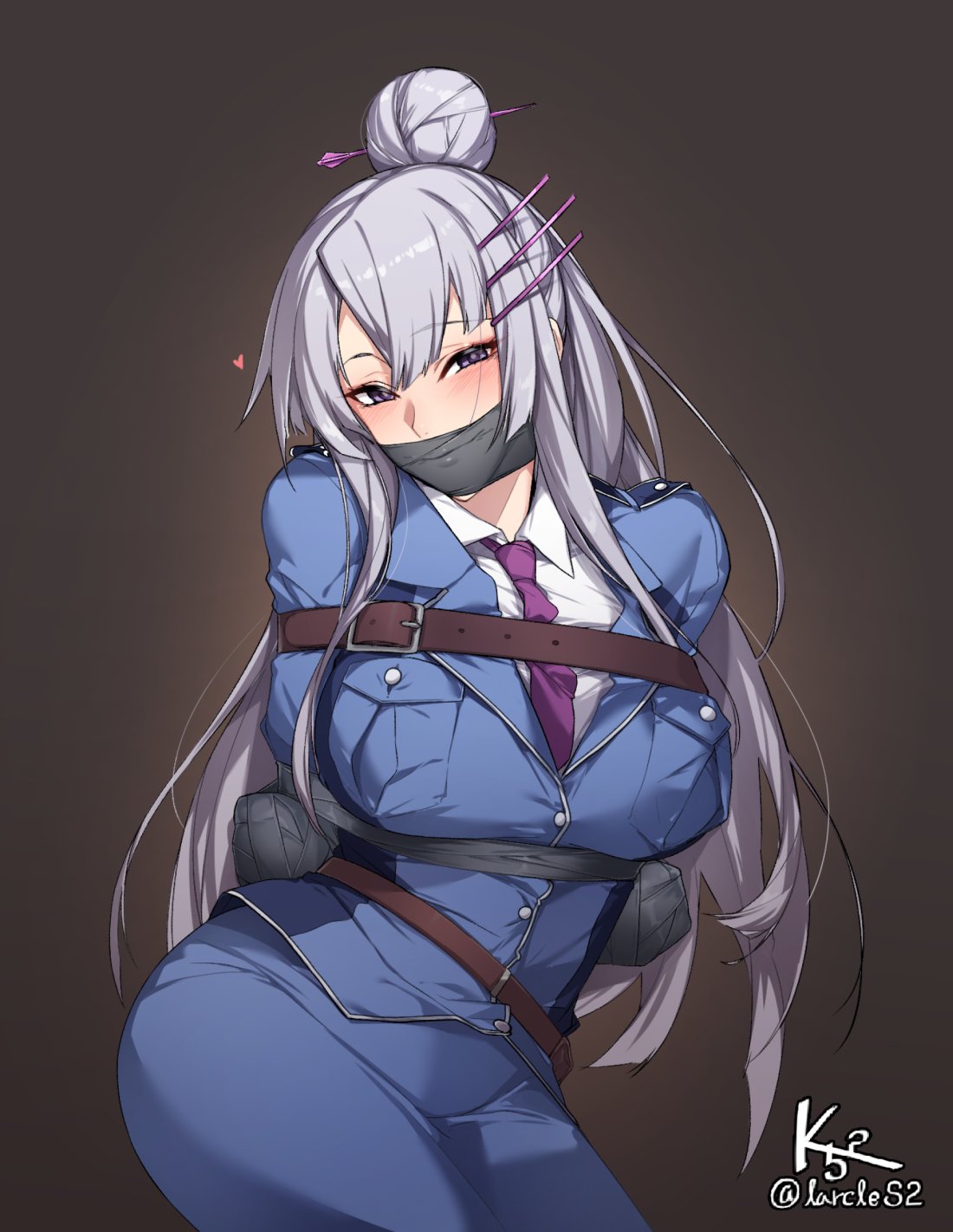 1girl artist_name bangs belt belt_buckle blue_jacket blue_skirt blush breasts brown_background brown_belt buckle buttons collared_shirt commentary_request commission covered_mouth english_commentary frolaytia_capistrano grey_hair hair_between_eyes hair_bun hair_ornament hairclip heart heavy_object highres jacket k52 korean_commentary large_breasts long_hair looking_at_viewer mixed-language_commentary necktie purple_necktie restrained shirt simple_background skirt solo violet_eyes white_shirt