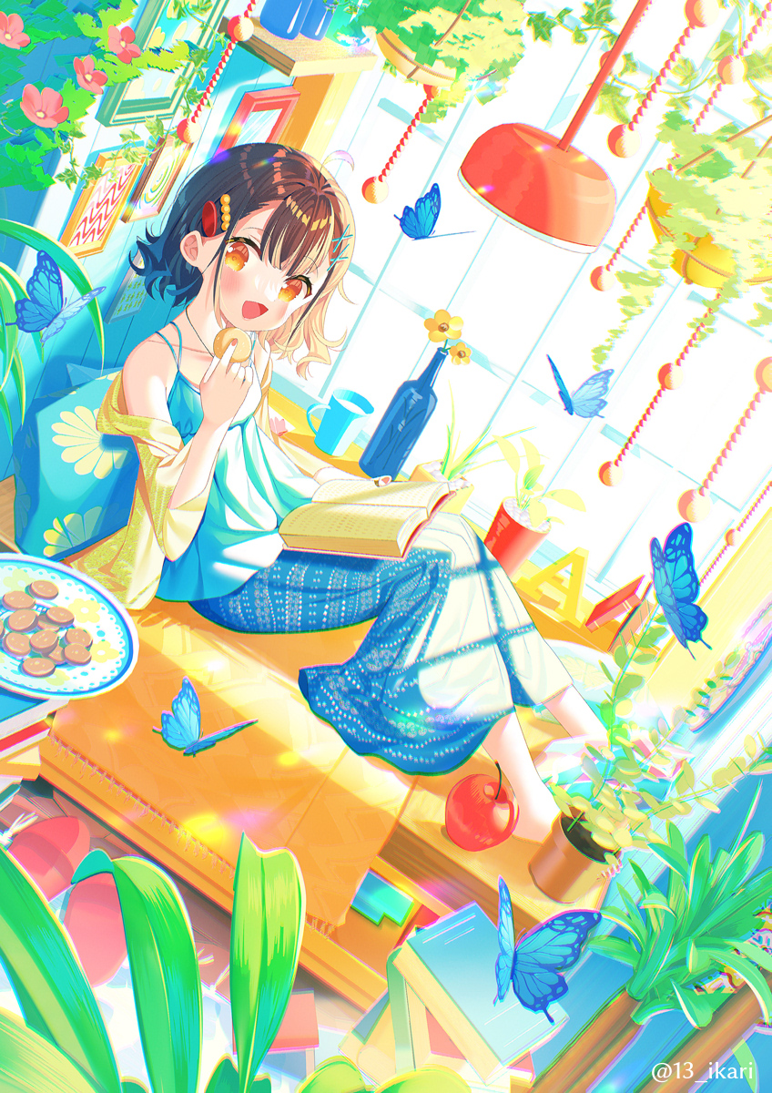 1girl :d animal apple bangs barefoot blue_camisole blue_skirt book bottle brown_eyes brown_hair bug butterfly camisole commentary_request cookie cup day eyebrows_visible_through_hair floral_print flower flower_pot food fruit hair_ornament hairclip highres holding holding_food ikari_(aor3507) indoors jacket knees_up looking_at_viewer mug off_shoulder open_clothes open_jacket original pillow plant plate potted_plant print_pillow red_apple red_flower short_sleeves sitting skirt smile solo sunlight twitter_username window x_hair_ornament yellow_flower yellow_jacket