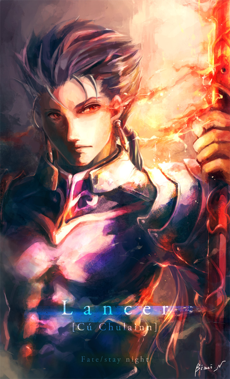 1boy blue_bodysuit blue_hair bodysuit character_name closed_mouth copyright_name cu_chulainn_(fate) cu_chulainn_(fate/stay_night) earrings expressionless fate/stay_night fate_(series) gae_bolg_(fate) hair_strand highres holding holding_polearm holding_weapon jewelry long_hair looking_at_viewer low_ponytail male_focus polearm ponytail red_eyes sci_bm signature solo upper_body weapon