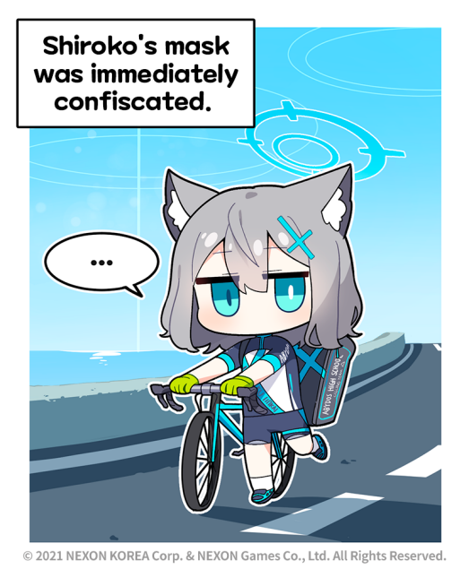 ... 1girl animal_ear_fluff animal_ears bag bangs bicycle black_footwear black_gloves blue_archive blue_eyes blue_sky cat_ears chibi cross_hair_ornament cycling_uniform donmin_h english_text eyebrows_visible_through_hair full_body gloves green_gloves grey_hair ground_vehicle hair_between_eyes hair_ornament hairclip halo holding jacket looking_at_viewer official_art shiroko_(blue_archive) shiroko_(cycling)_(blue_archive) shoes short_sleeves sky solo spoken_ellipsis standing tail watermark