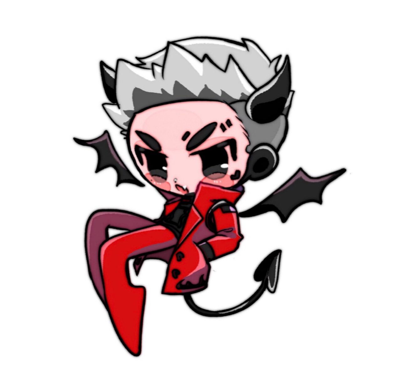 1boy apex_legends black_eyes black_shirt blush chibi crypto_(apex_legends) demon_boy demon_horns demon_tail demon_wings devil's_advocate_crypto facial_mark fang grey_hair hands_in_pockets heart heart_facial_mark horns jacket leaning_back male_focus ochinashi official_alternate_costume open_mouth pants red_jacket red_pants shirt skin_fang solo symbol-only_commentary tail undercut v-shaped_eyebrows wings