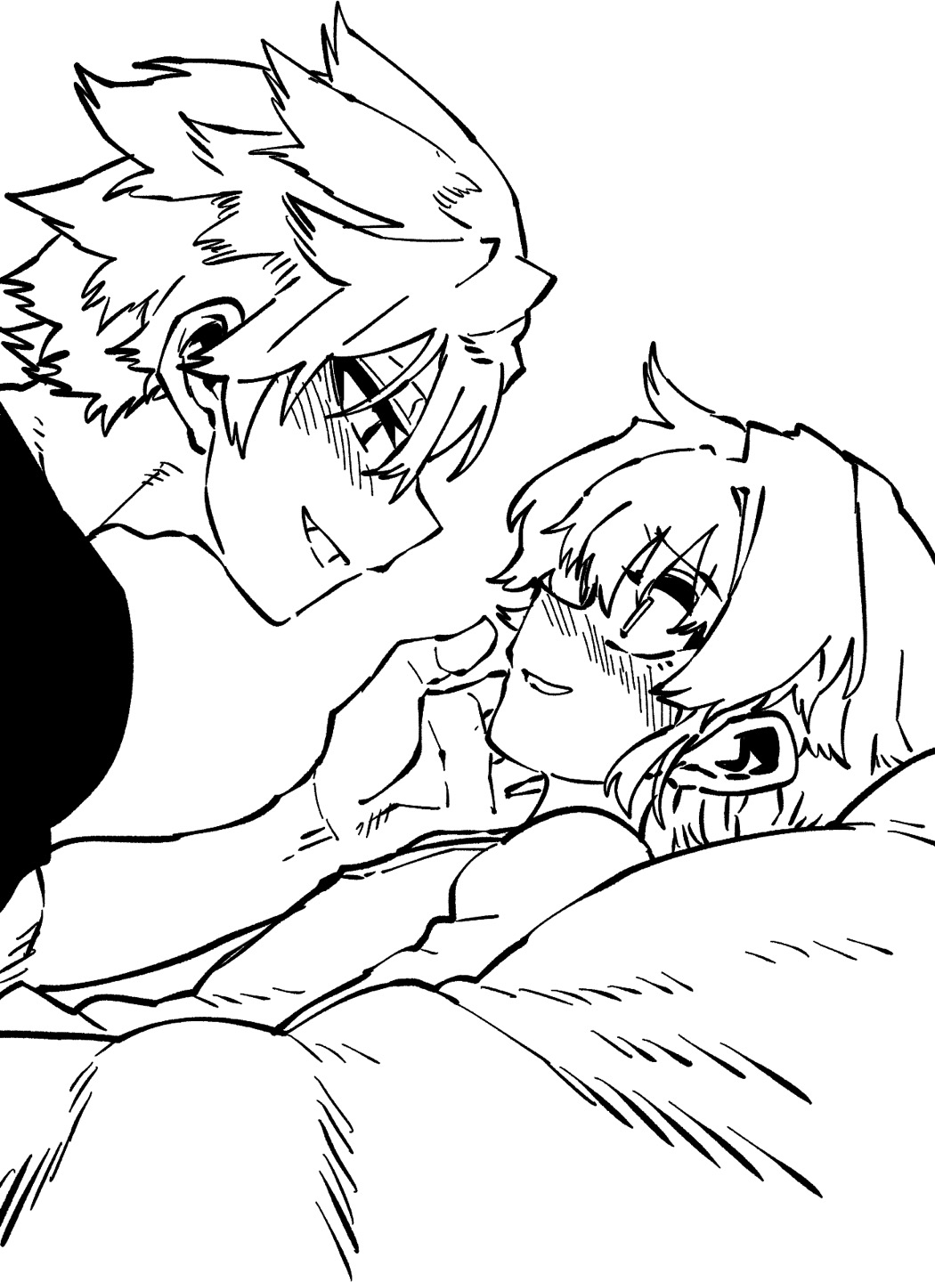 1boy 1girl blush eye_contact fang genderswap genderswap_(mtf) greyscale hair_between_eyes highres jeong_sana jeong_surim looking_at_another monochrome on_bed open_mouth parkgee short_hair suicide_boy