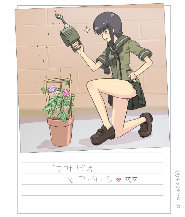 1girl black_neckerchief black_sailor_collar green_serafuku green_skirt kantai_collection kitakami_(kancolle) kujira_naoto neckerchief no_socks one_knee panties pantyshot photo_(object) plant pleated_skirt polaroid potted_plant sailor_collar school_uniform serafuku skirt solo underwear watering_can white_panties