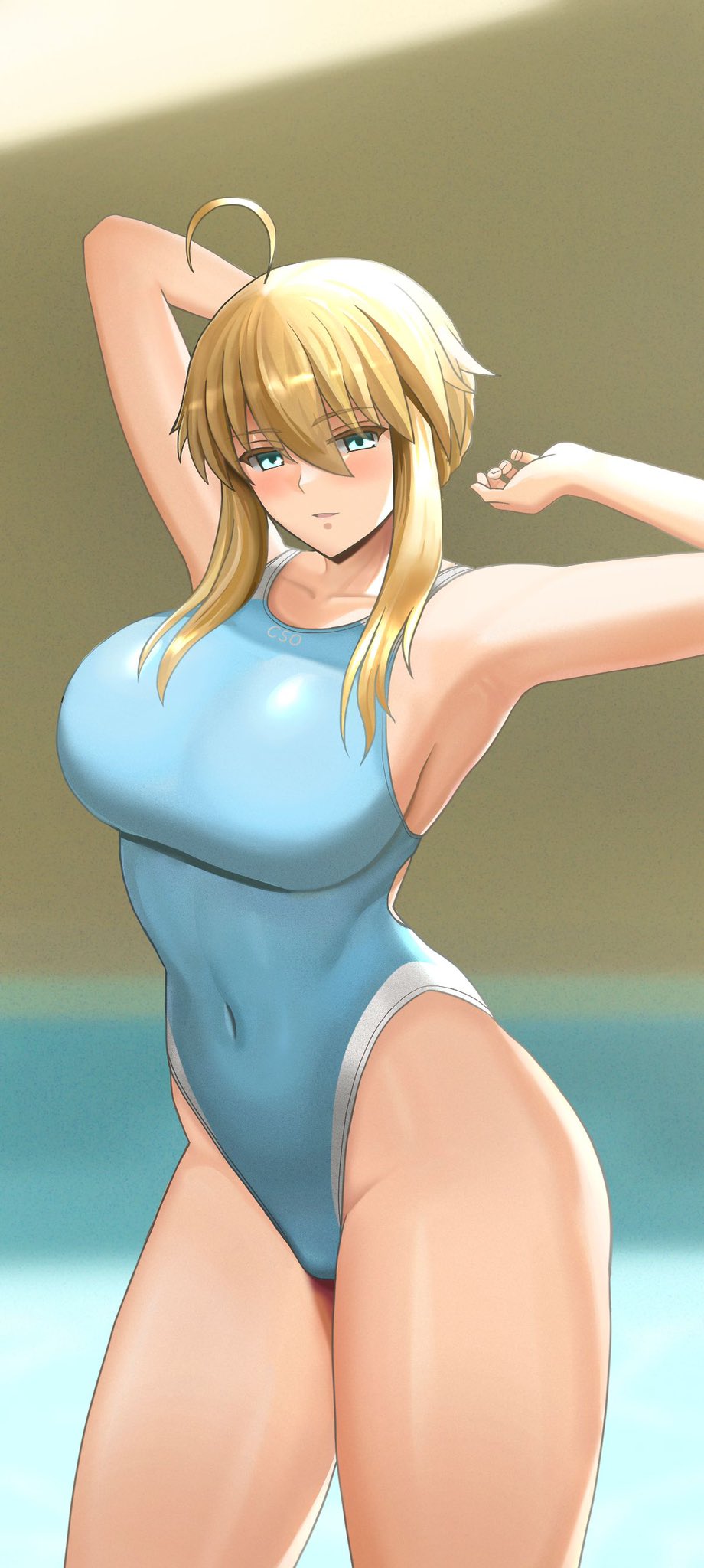 1girl ahoge armpits arms_up artoria_pendragon_(fate) artoria_pendragon_(lancer)_(fate) blonde_hair blue_swimsuit blurry blurry_background braid braided_bun breasts collarbone colored_eyelashes competition_swimsuit covered_navel eyebrows_visible_through_hair fate/grand_order fate_(series) green_eyes hair_between_eyes hair_bun highres higofushi large_breasts long_hair looking_at_viewer one-piece_swimsuit open_mouth solo swimsuit