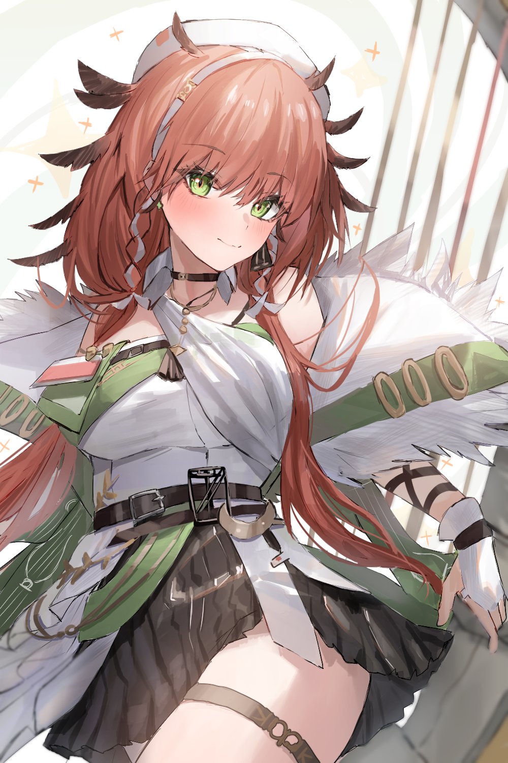 1girl arknights bangs bare_shoulders beret black_skirt blush breasts brown_hair commentary_request cowboy_shot erato_(arknights) eyebrows_visible_through_hair fingerless_gloves gloves green_eyes hair_wings hat highres large_breasts long_hair looking_at_viewer miniskirt off_shoulder raw_egg_lent shirt skirt smile solo thigh_strap thighs very_long_hair white_gloves white_headwear white_shirt