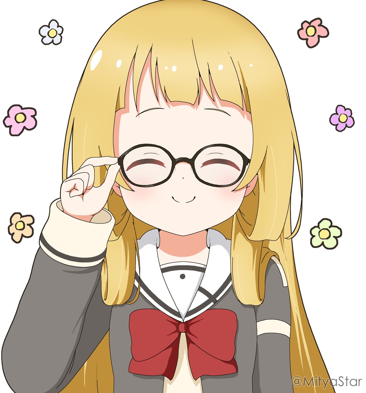 1girl ^_^ adjusting_eyewear arm_up bangs black-framed_eyewear blonde_hair blush bow closed_eyes closed_mouth commentary_request facing_viewer floral_background forehead glasses grey_shirt highres long_hair long_sleeves mitya nogi_sonoko red_bow sailor_collar shirt simple_background solo twitter_username upper_body white_background white_sailor_collar yuuki_yuuna_wa_yuusha_de_aru yuusha_de_aru