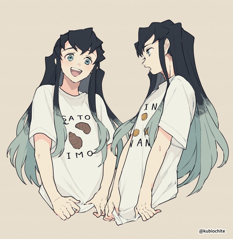 2boys :d aqua_eyes aqua_hair bangs black_hair brothers casual clothes_writing cropped_torso dalc_rose kimetsu_no_yaiba long_hair looking_at_another male_focus multicolored_hair multiple_boys open_mouth print_shirt profile shirt shirt_tug short_sleeves siblings sidelocks simple_background smile t-shirt tokitou_muichirou tokitou_yuichirou twins twitter_username two-tone_hair