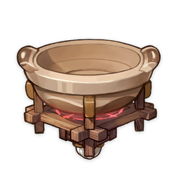 artist_request commentary english_commentary game_cg genshin_impact grown_theme item_focus lowres no_humans official_art portable_stove pot pottery still_life stove third-party_source transparent_background wood