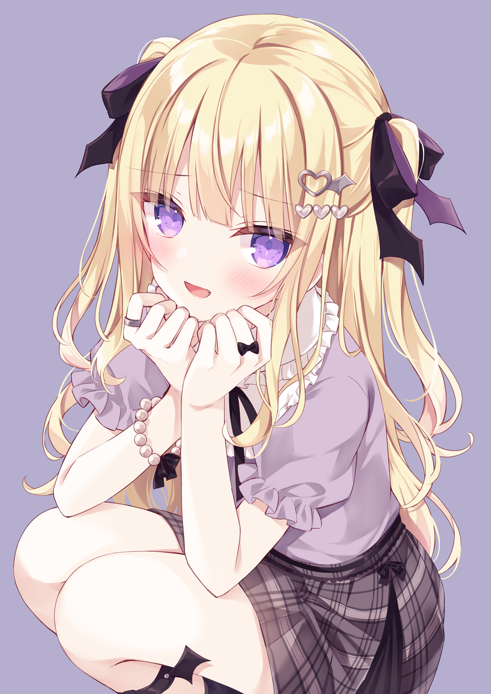 1girl :d bangs black_bow blonde_hair blush bow commentary_request eyebrows_visible_through_hair fang feet_out_of_frame grey_skirt hair_bow hair_ornament hands_up heart heart_hair_ornament highres hoshi_(snacherubi) knees_up long_hair looking_at_viewer own_hands_together plaid plaid_skirt pleated_skirt puffy_short_sleeves puffy_sleeves purple_background purple_shirt re:act shirt short_sleeves simple_background skirt smile solo squatting tsukushi_aria two_side_up very_long_hair violet_eyes virtual_youtuber