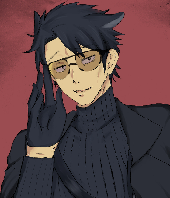 1boy animal_ears arknights black_gloves black_hair black_suit capone_(arknights) formal gloves hand_up hibito-nightride male_focus open_mouth red_background short_hair simple_background solo suit sunglasses sweater turtleneck turtleneck_sweater upper_body wolf_boy wolf_ears