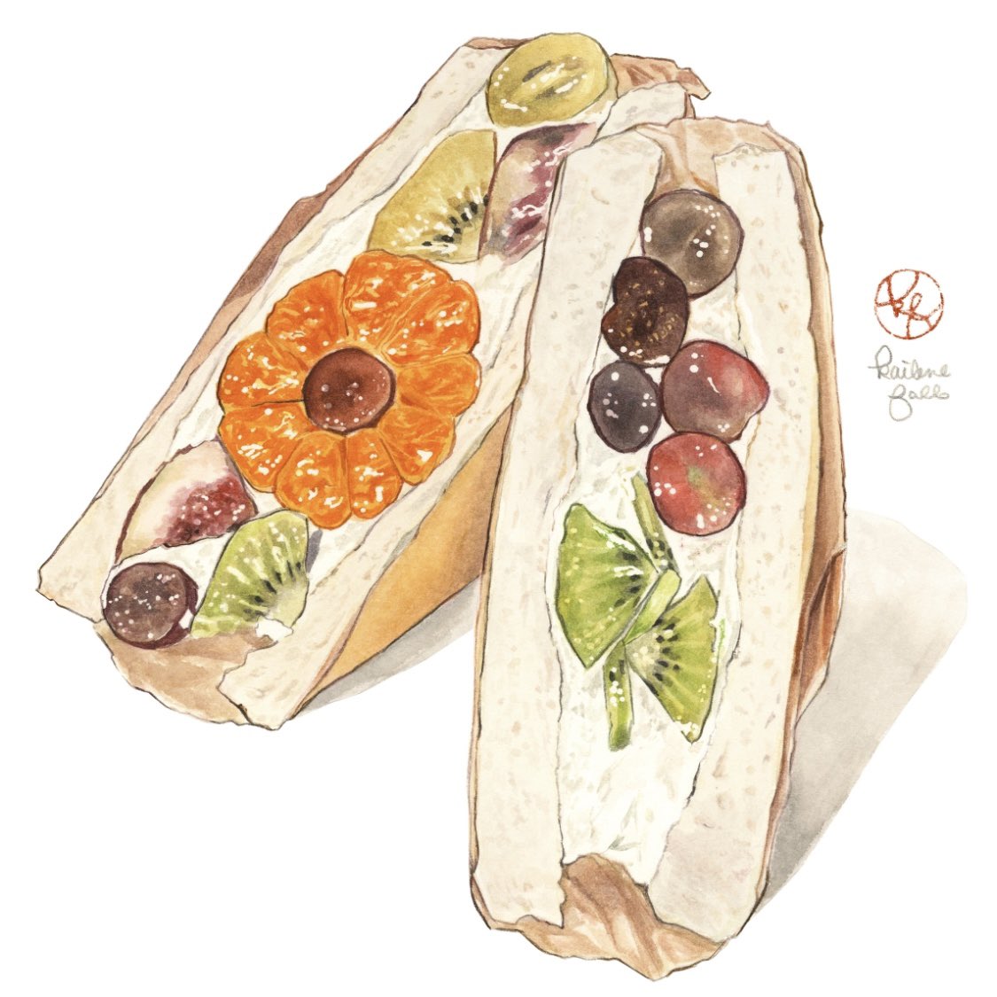 cream fig food food_art food_focus fruit fruit_sandwich grapes kailene kiwi_(fruit) kiwi_slice orange_(fruit) original painting_(medium) still_life traditional_media watercolor_(medium) white_background