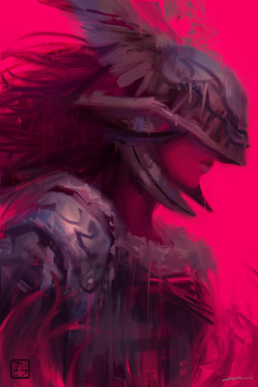 1girl alex_chow armor cape closed_mouth covered_eyes dress elden_ring fantasy helmet highres long_hair malenia_blade_of_miquella mechanical_arms portrait prosthesis prosthetic_arm red_cape redhead simple_background single_mechanical_arm solo very_long_hair winged_helmet