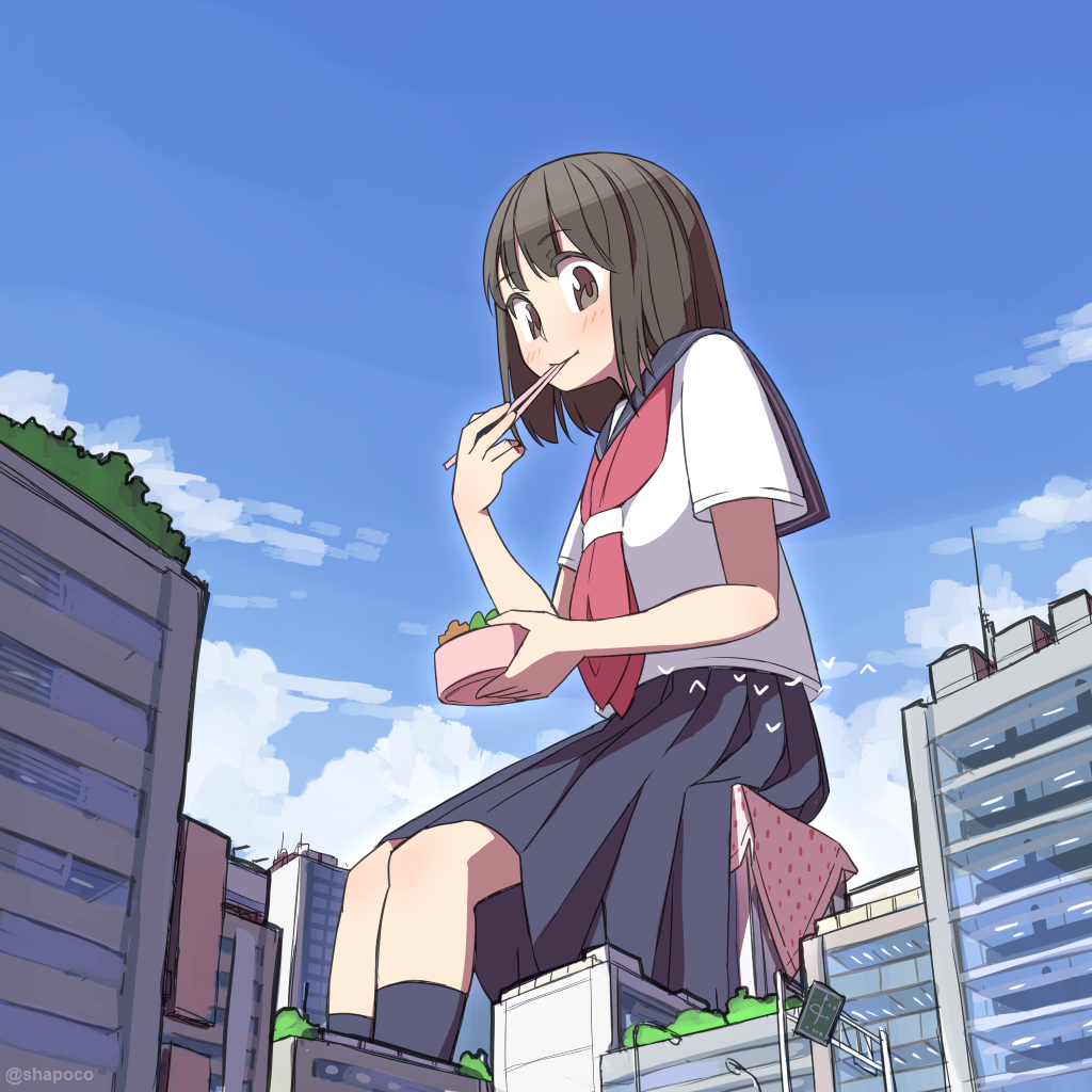 1girl artist_name bangs bento bird black_legwear blue_sky blush brown_eyes brown_hair building chopsticks chopsticks_in_mouth city cityscape clouds commentary dated_commentary day eating feet_out_of_frame food from_below giant giantess grey_legwear grey_sailor_collar grey_skirt holding holding_chopsticks house looking_at_viewer neckerchief on_roof original outdoors pleated_skirt red_neckerchief sailor_collar school_uniform serafuku shapoco shirt short_sleeves sitting skirt sky skyscraper smile socks solo twitter_username white_shirt