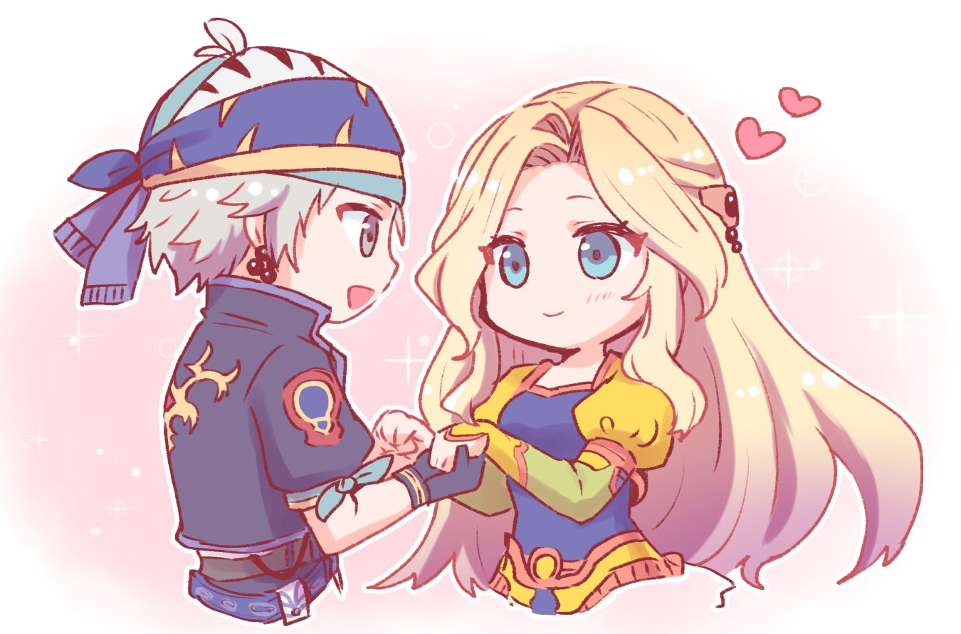 1boy 1girl blonde_hair blue_eyes celes_chere chibi couple cropped_jacket earrings final_fantasy final_fantasy_vi gloves grey_eyes grey_hair hair_ornament heart holding_hands jewelry lock_cole long_hair long_sleeves multicolored_clothes multicolored_headwear open_mouth pan_ff6 puffy_sleeves short_hair short_sleeves upper_body wavy_hair